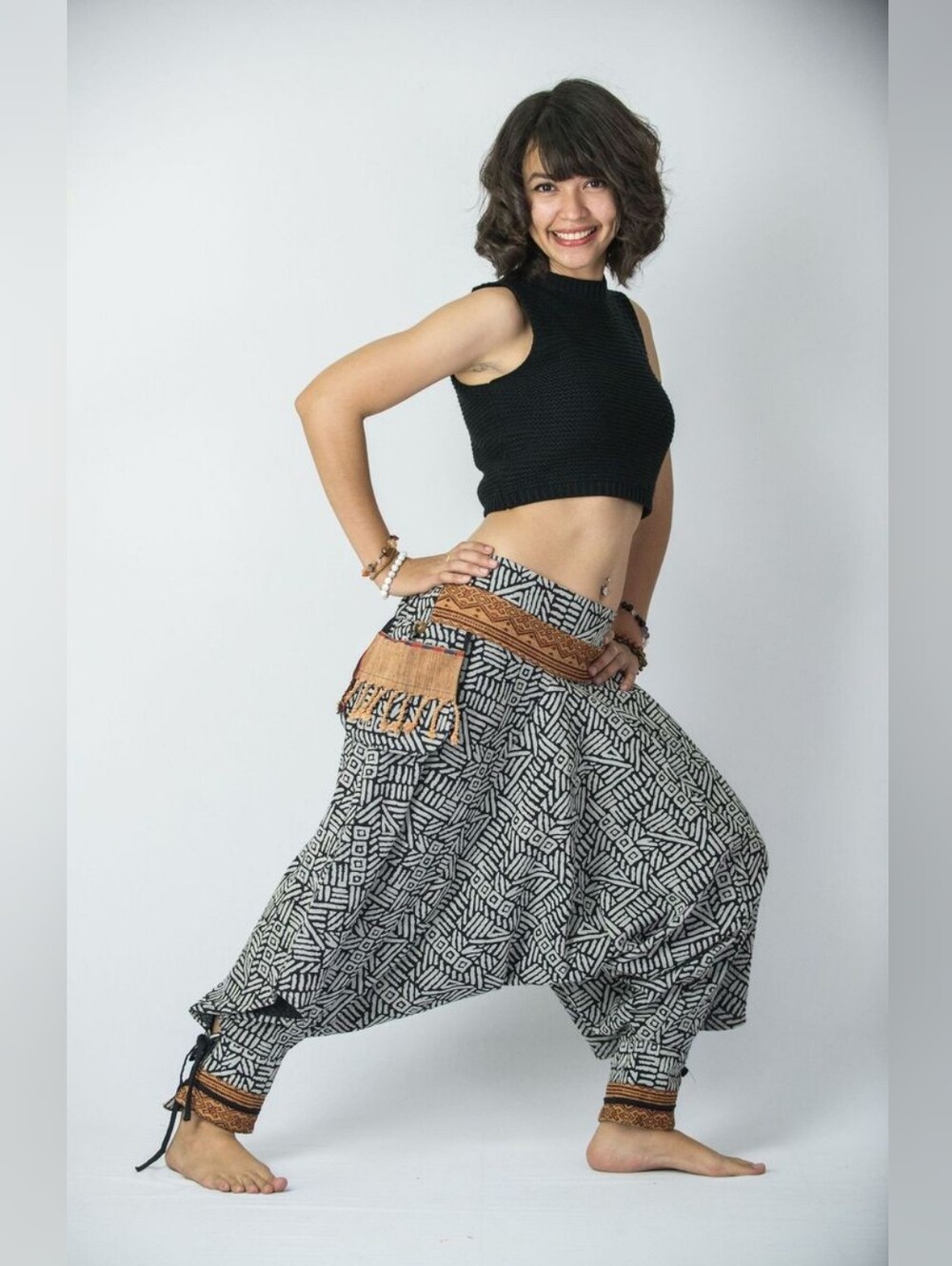 Unisex Black Paisley Harem Pants with Red And Yellow Accents